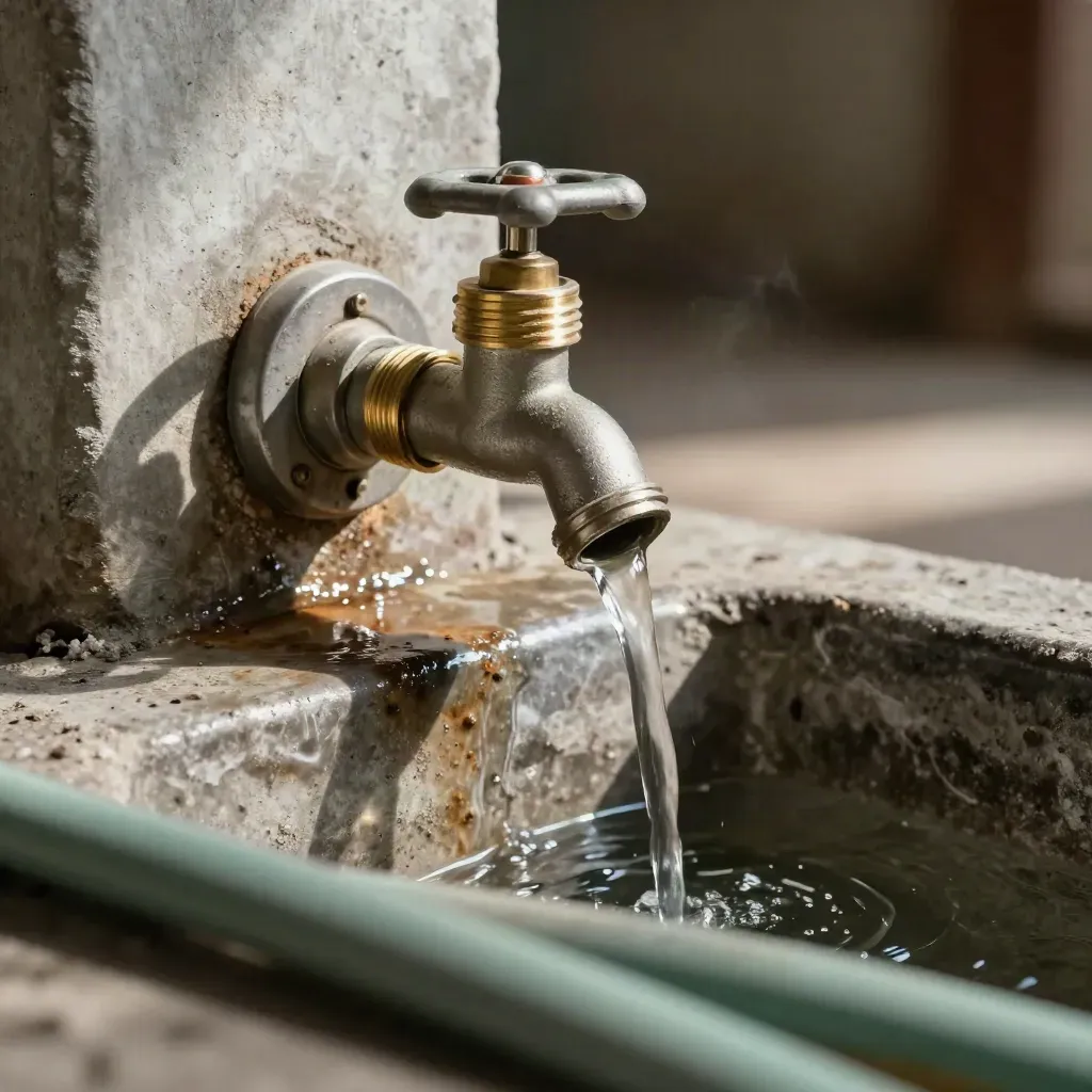 Nízký detail napájecího ventilu v koňské stáji, hadice a kapající voda na betonu.
